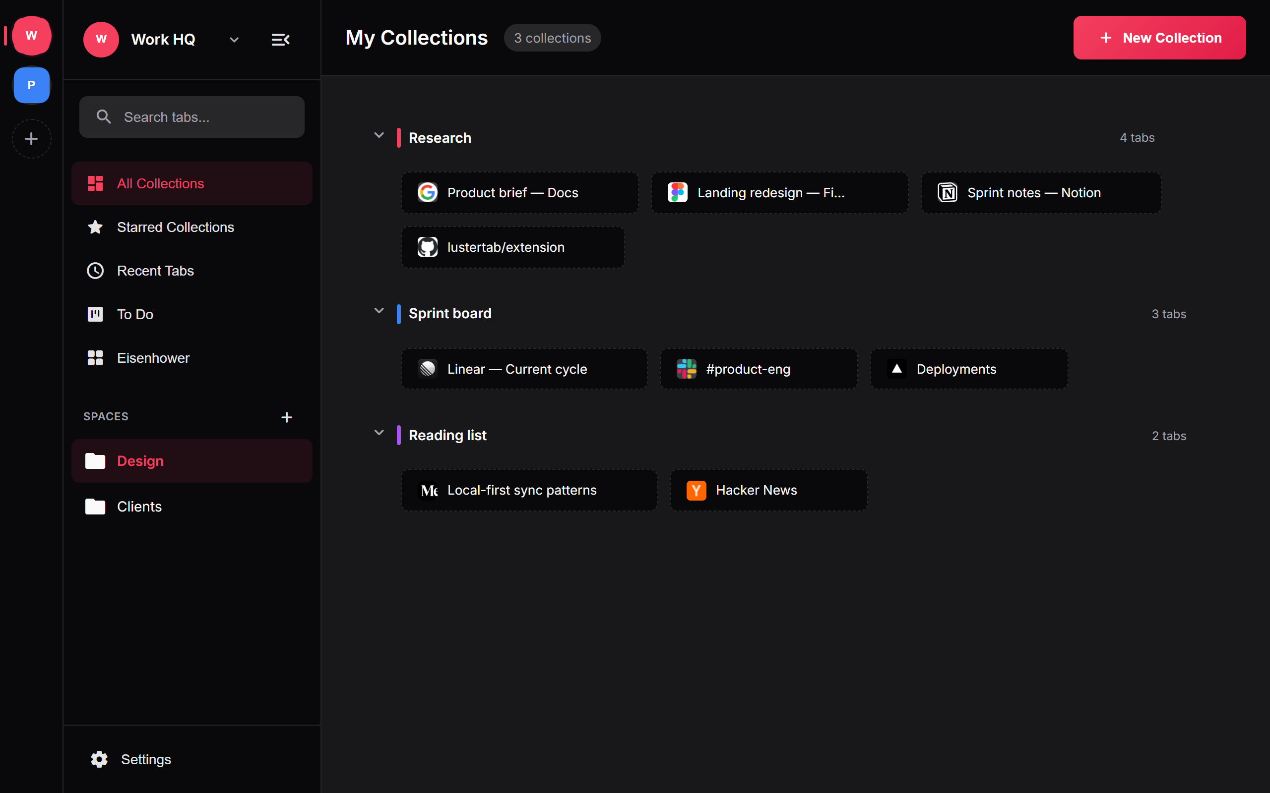 LusterTab collections view with spaces and saved tabs